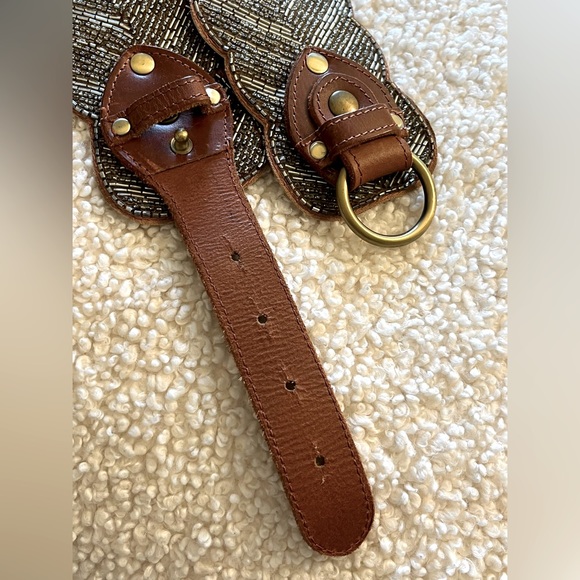 Anthropologie Vintage Brown Leather ,Glass Beaded Scalloped Belt - Picture 4 of 6